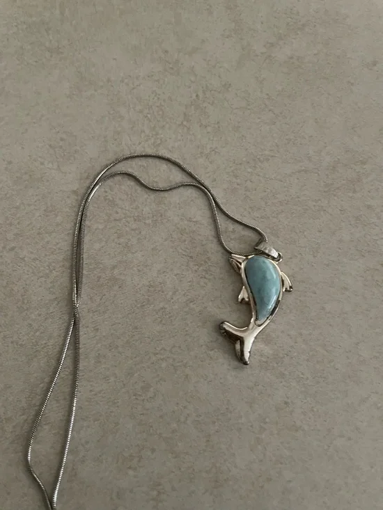 Silver Dolphin Pendant Necklace with Turquoise Inlay - Picture 2 of 5